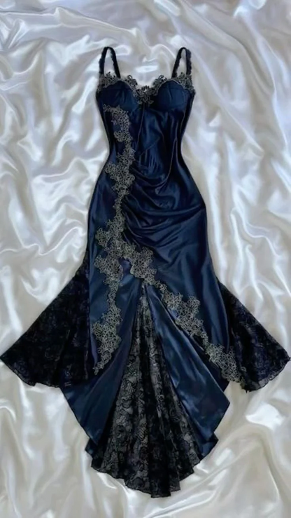 Sexy Mermaid Spaghetti Straps Satin Prom Dress Navy Blue Evening Dress  P306