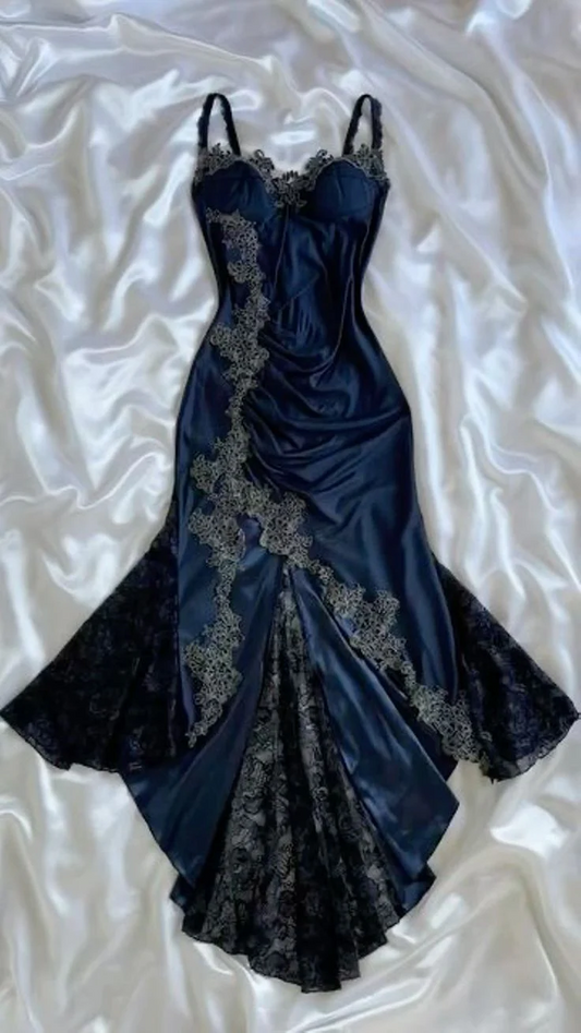 Sexy Mermaid Spaghetti Straps Satin Prom Dress Navy Blue Evening Dress  P306