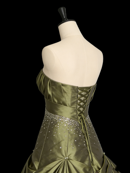 Strapless Green Satin Long Prom Dresses With Beads Ball Gown Birthday Dress  P308