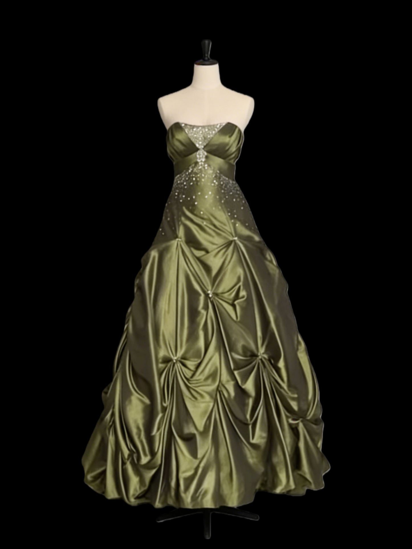 Strapless Green Satin Long Prom Dresses With Beads Ball Gown Birthday Dress  P308