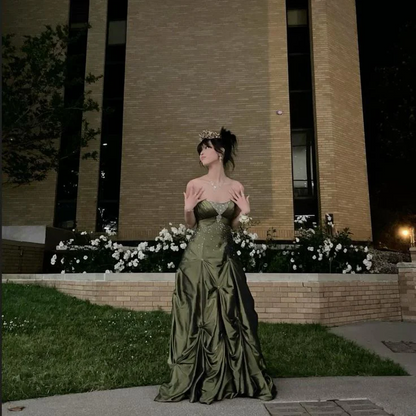 Strapless Green Satin Long Prom Dresses With Beads Ball Gown Birthday Dress  P308