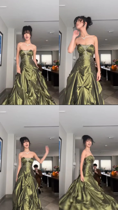 Strapless Green Satin Long Prom Dresses With Beads Ball Gown Birthday Dress  P308