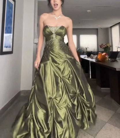 Strapless Green Satin Long Prom Dresses With Beads Ball Gown Birthday Dress  P308