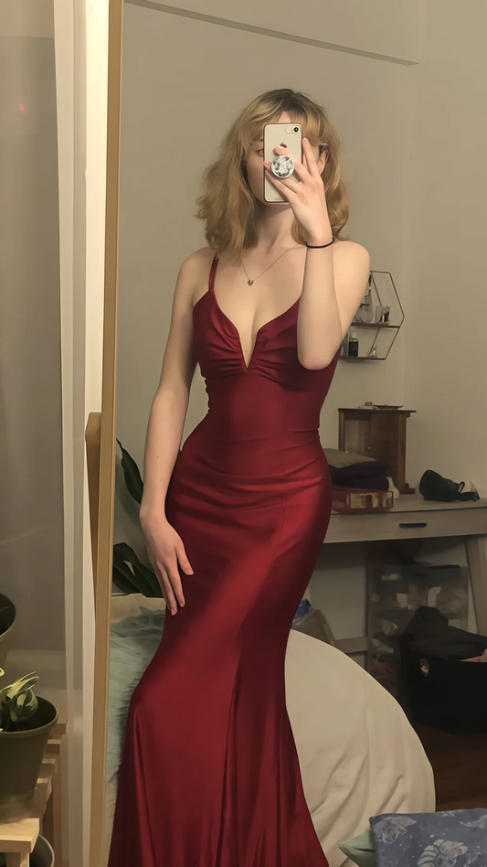 Burgundy Mermaid Long Prom Dress Satin Sheath Evening Dress  P309