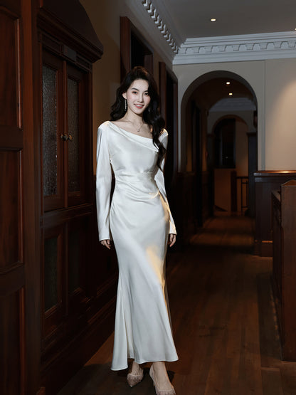 Long Sleeved Satin Evening Dress Formal Party Dress  P31