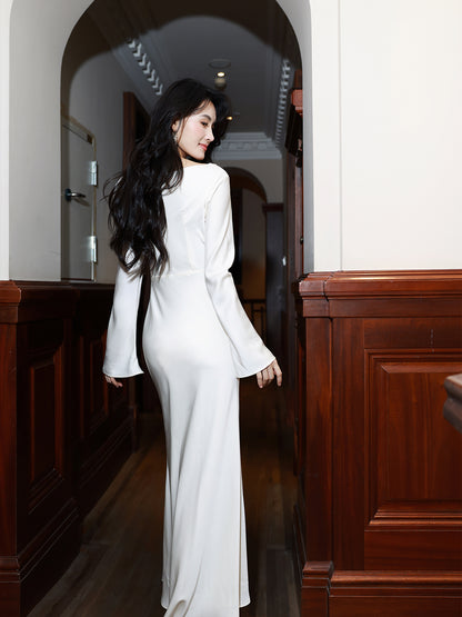 Long Sleeved Satin Evening Dress Formal Party Dress  P31