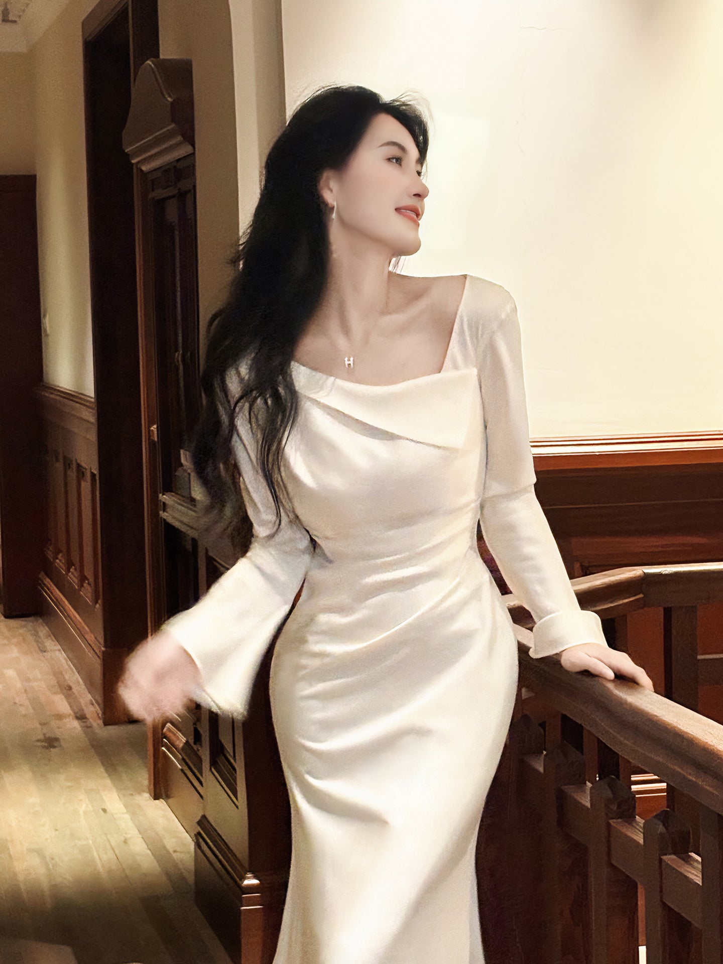 Long Sleeved Satin Evening Dress Formal Party Dress  P31