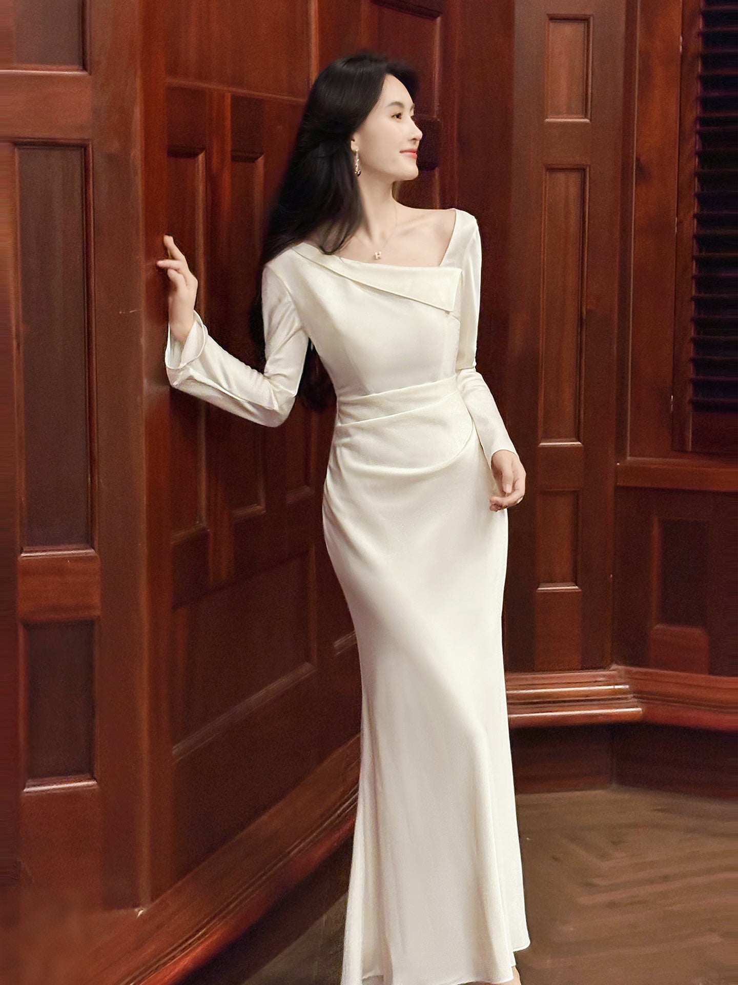 Long Sleeved Satin Evening Dress Formal Party Dress  P31
