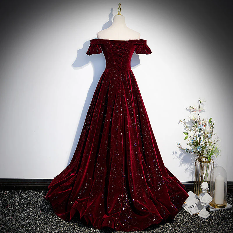 Wine Red Off Shoulder Velvet Long Party Dress A-Line Prom Dresses  P314