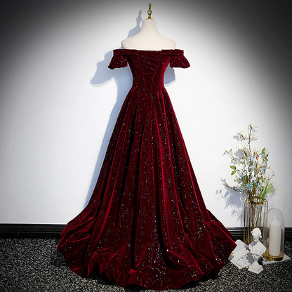 Wine Red Off Shoulder Velvet Long Party Dress A-Line Prom Dresses  P314