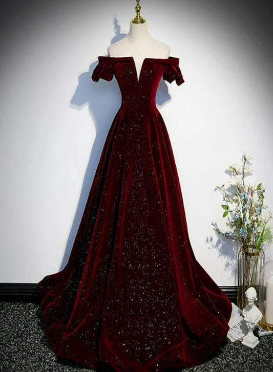 Wine Red Off Shoulder Velvet Long Party Dress A-Line Prom Dresses  P314