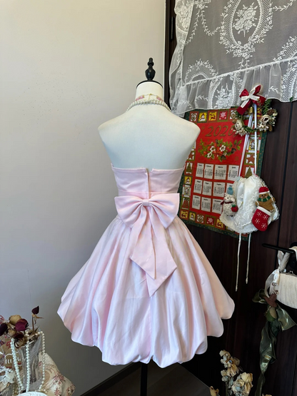 Strapless A Line Pink Short Dress Cute Satin Homecoming Dress  P315