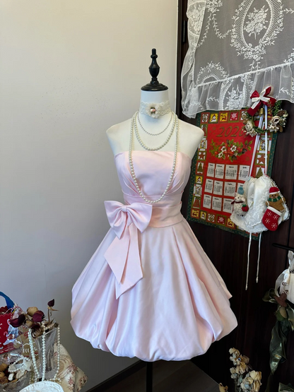 Strapless A Line Pink Short Dress Cute Satin Homecoming Dress  P315