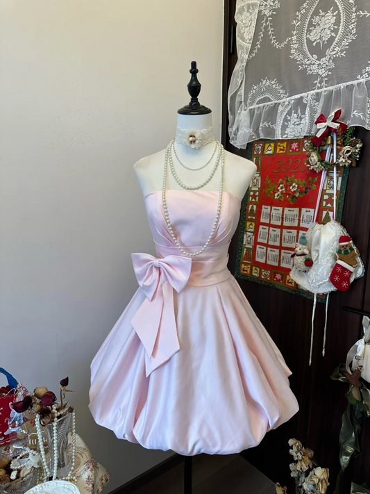 Strapless A Line Pink Short Dress Cute Satin Homecoming Dress  P315