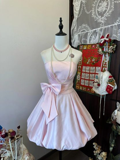 Strapless A Line Pink Short Dress Cute Satin Homecoming Dress  P315