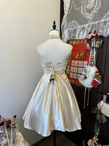 Strapless A Line Champagne Short Dress Satin Party Dress  P316