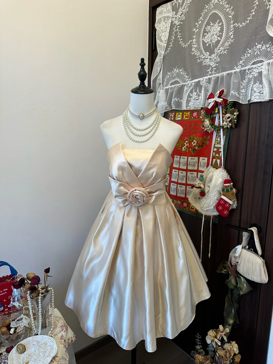 Strapless A Line Champagne Short Dress Satin Party Dress  P316