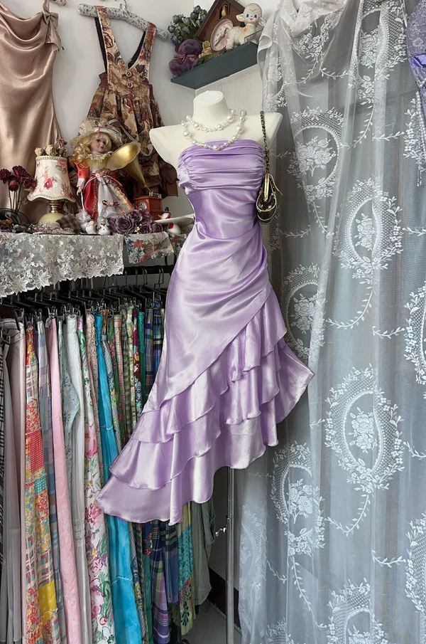 Strapless Champagne Prom Dress Satin Ruffled Party Dress  P318
