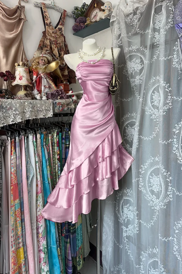 Strapless Champagne Prom Dress Satin Ruffled Party Dress  P318