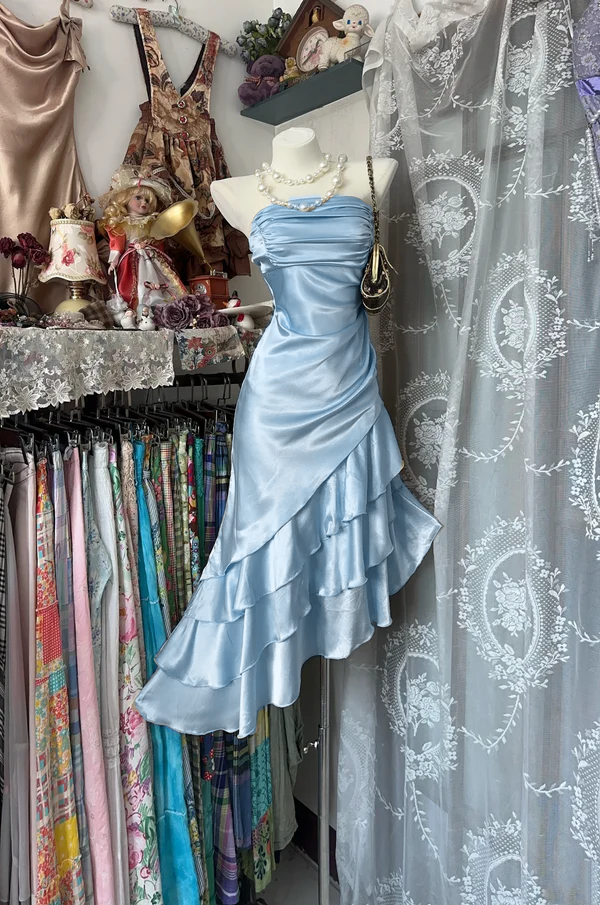 Strapless Champagne Prom Dress Satin Ruffled Party Dress  P318