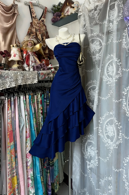 Strapless Champagne Prom Dress Satin Ruffled Party Dress  P318