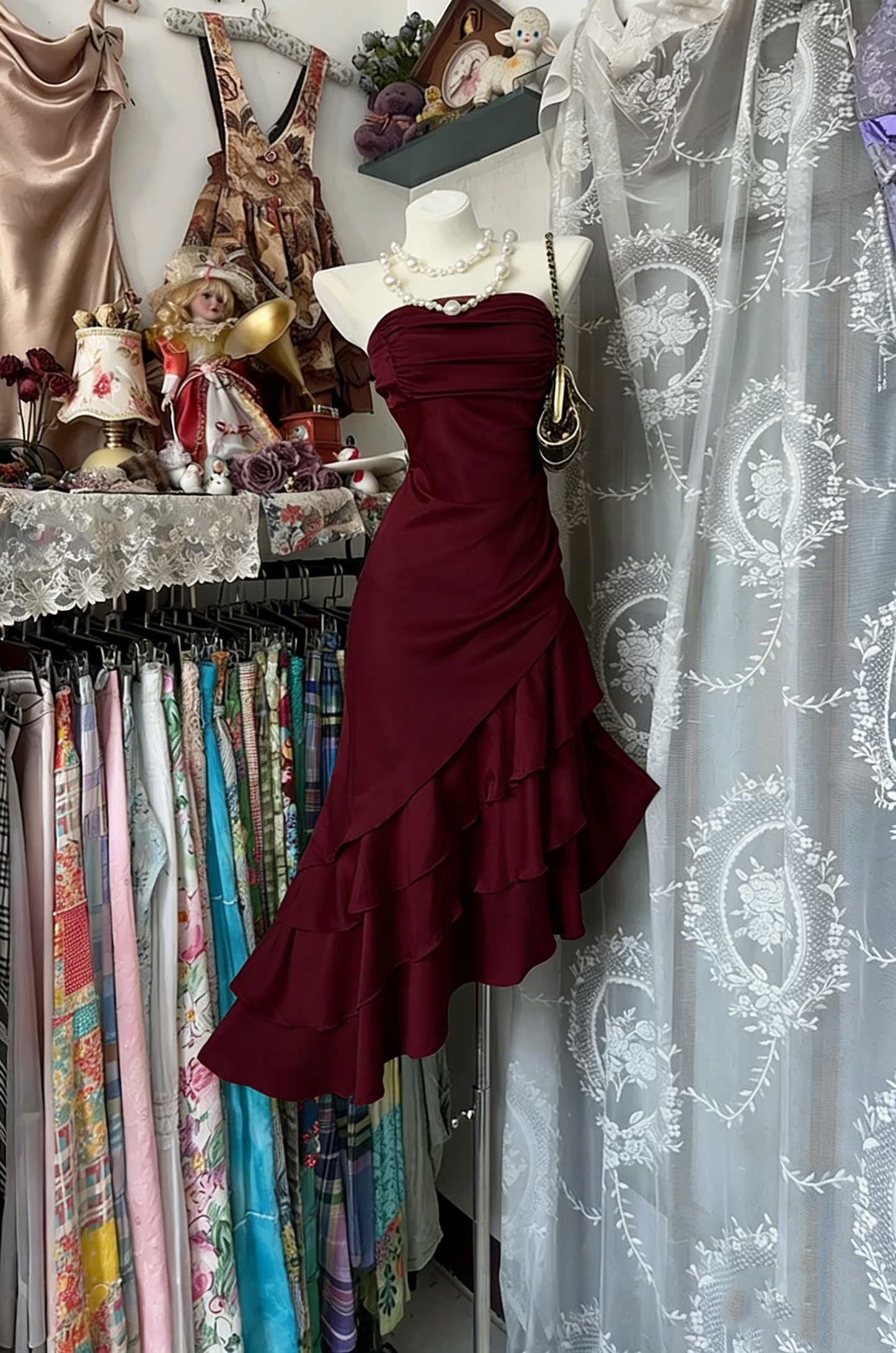 Strapless Champagne Prom Dress Satin Ruffled Party Dress  P318