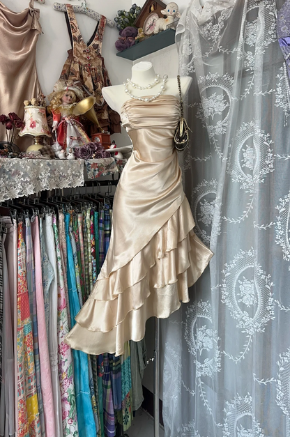 Strapless Champagne Prom Dress Satin Ruffled Party Dress  P318