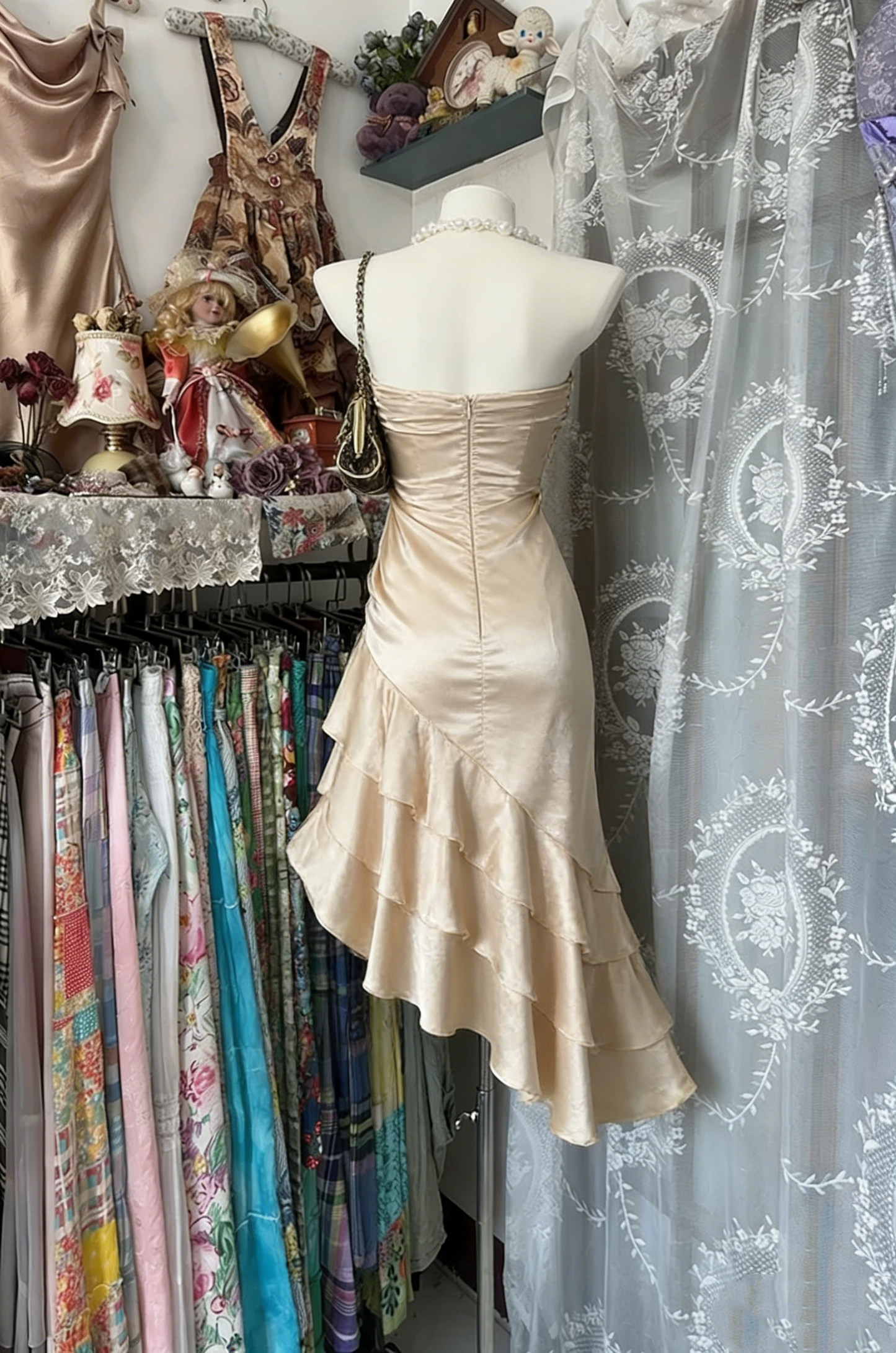 Strapless Champagne Prom Dress Satin Ruffled Party Dress  P318