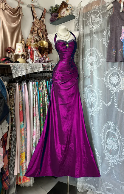 Halter Royal Blue Mermaid Prom Dress Beads Evening Dress  P319