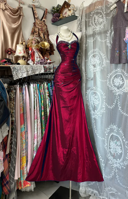Halter Royal Blue Mermaid Prom Dress Beads Evening Dress  P319