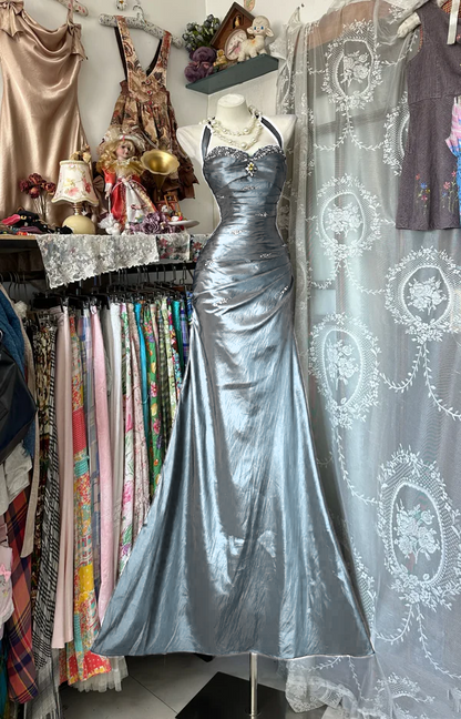 Halter Royal Blue Mermaid Prom Dress Beads Evening Dress  P319