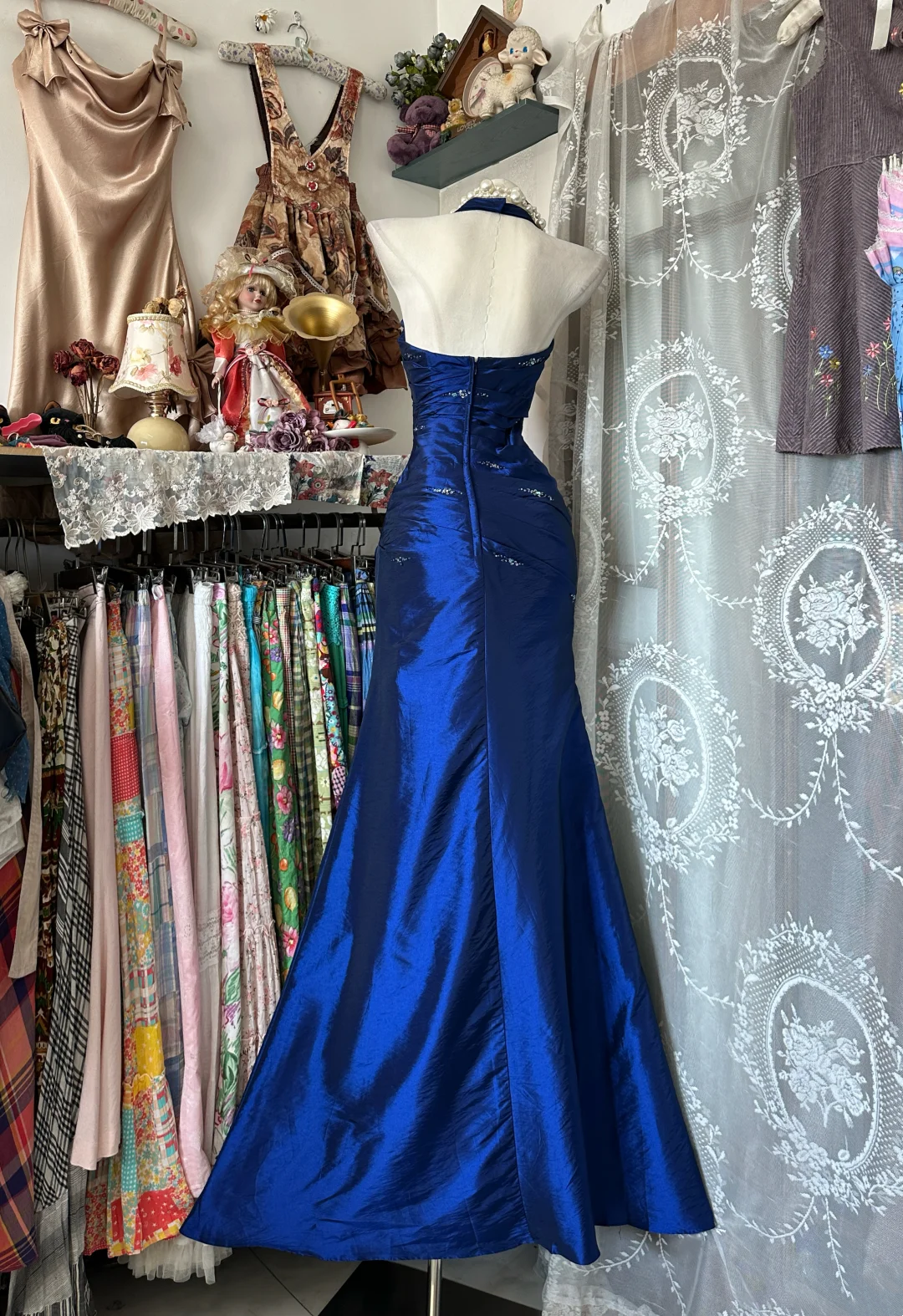 Halter Royal Blue Mermaid Prom Dress Beads Evening Dress  P319