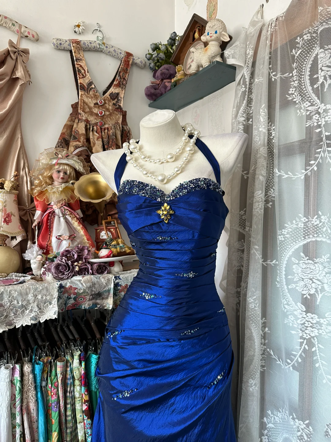 Halter Royal Blue Mermaid Prom Dress Beads Evening Dress  P319
