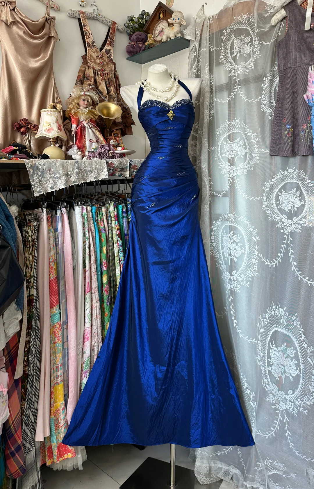 Halter Royal Blue Mermaid Prom Dress Beads Evening Dress  P319