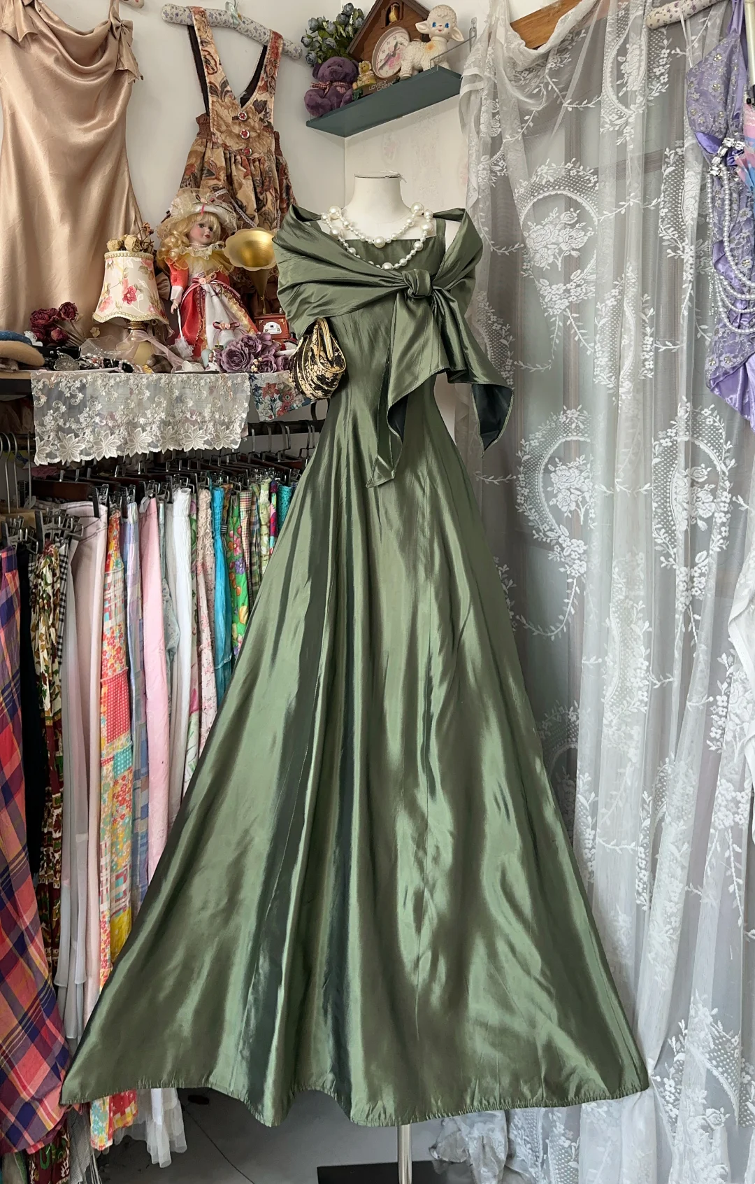 A Line Green Satin Long Prom Dress Formal Evening Party Gown  P320