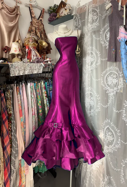 Strapless Royal Blue Satin Prom Dress Layered Formal Dress  P321