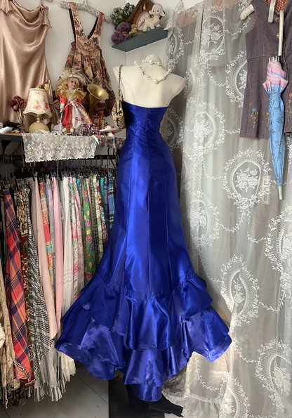 Strapless Royal Blue Satin Prom Dress Layered Formal Dress  P321