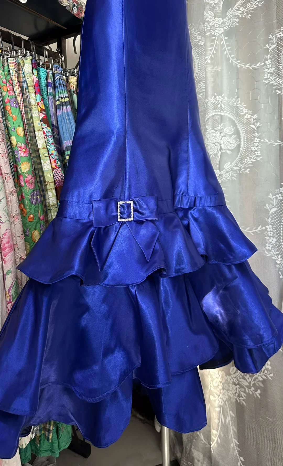 Strapless Royal Blue Satin Prom Dress Layered Formal Dress  P321