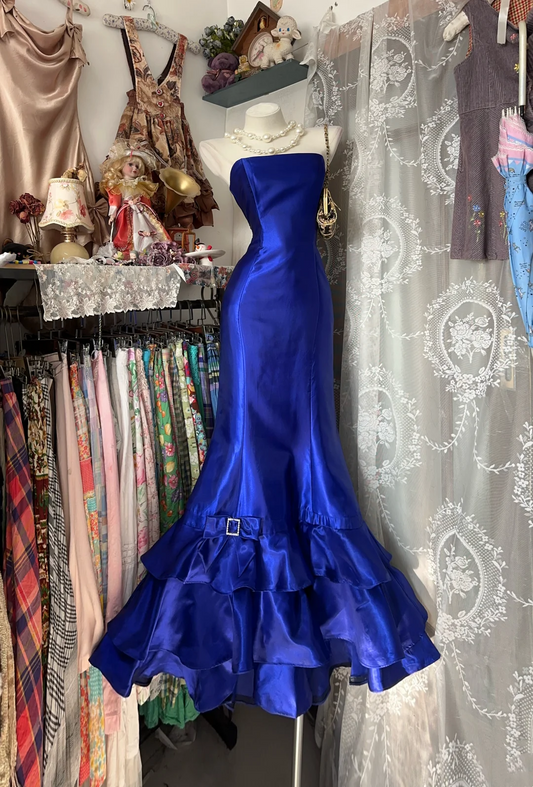 Strapless Royal Blue Satin Prom Dress Layered Formal Dress  P321
