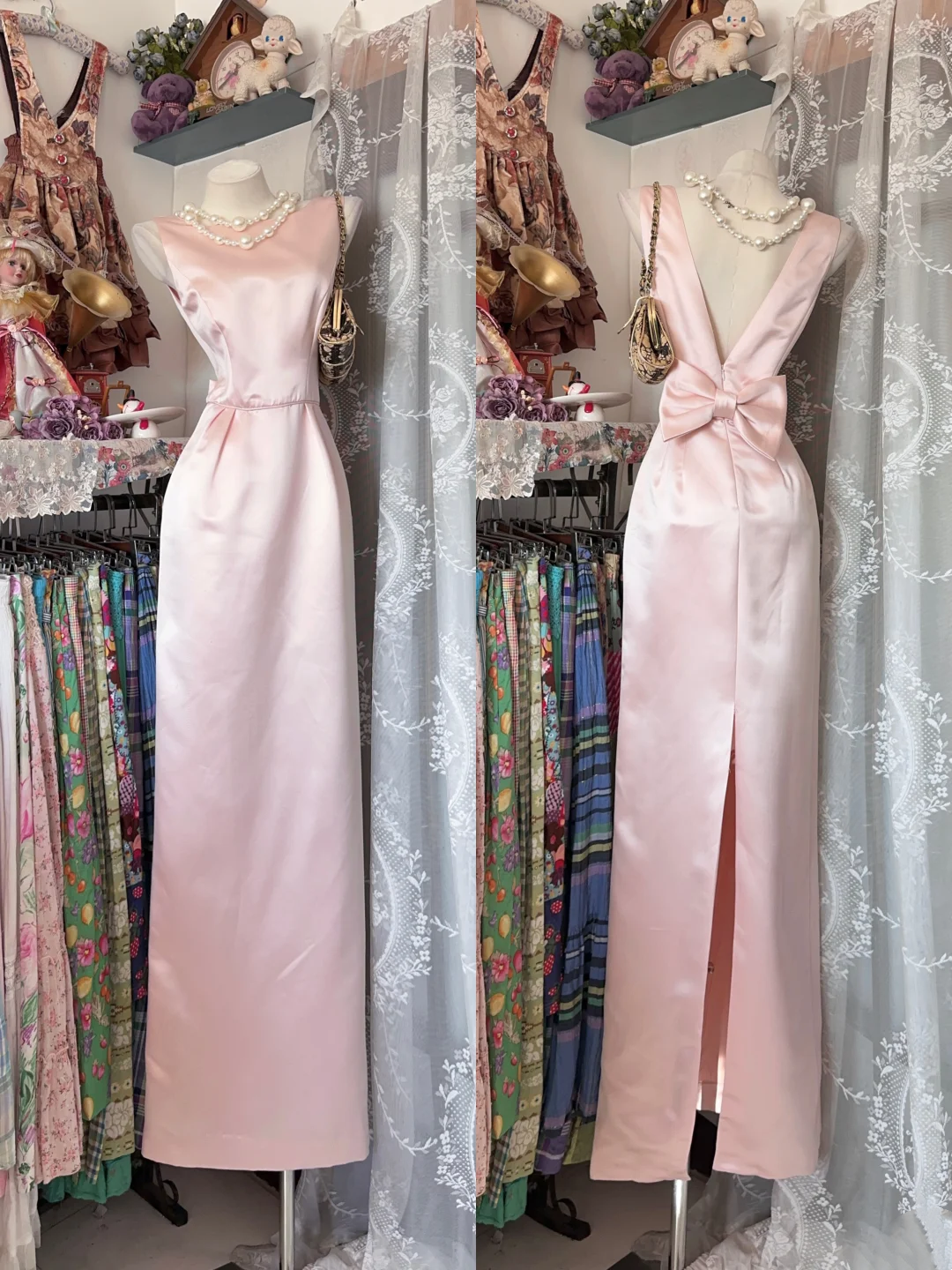 V Back Pink Sheath Stain Prom Dress Sweet Formal Party Dress  P323