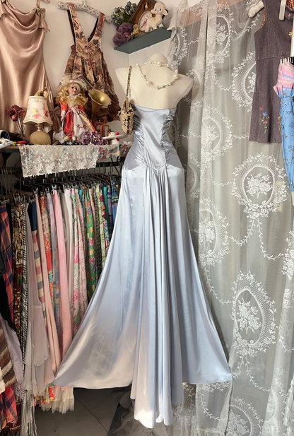 Strapless Silver Satin Prom Dress Simple Formal Party Dress  P324
