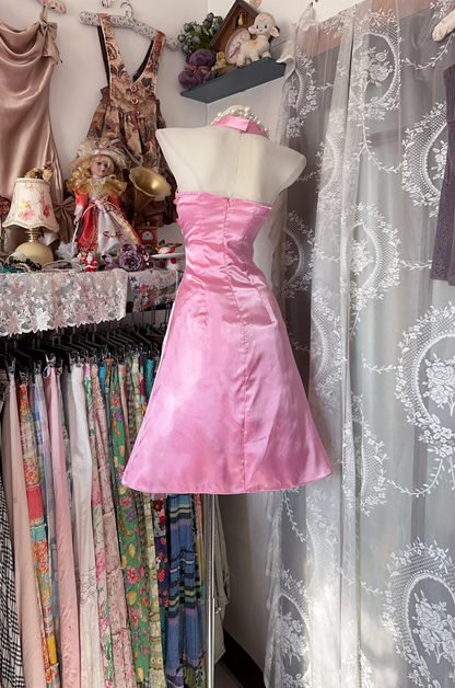Halter Pink A Line Short Dress Satin Homecoming Dress  P327