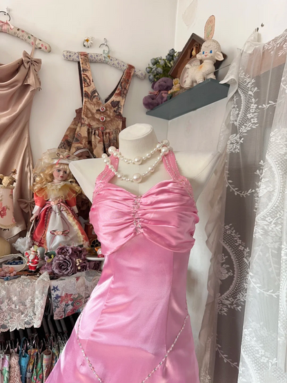 Halter Pink A Line Short Dress Satin Homecoming Dress  P327