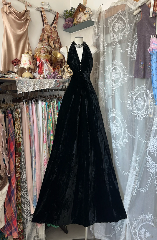 V Neck Black Velvet Evening Dress French Style Evening Dress  P331