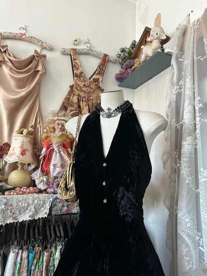 V Neck Black Velvet Evening Dress French Style Evening Dress  P331