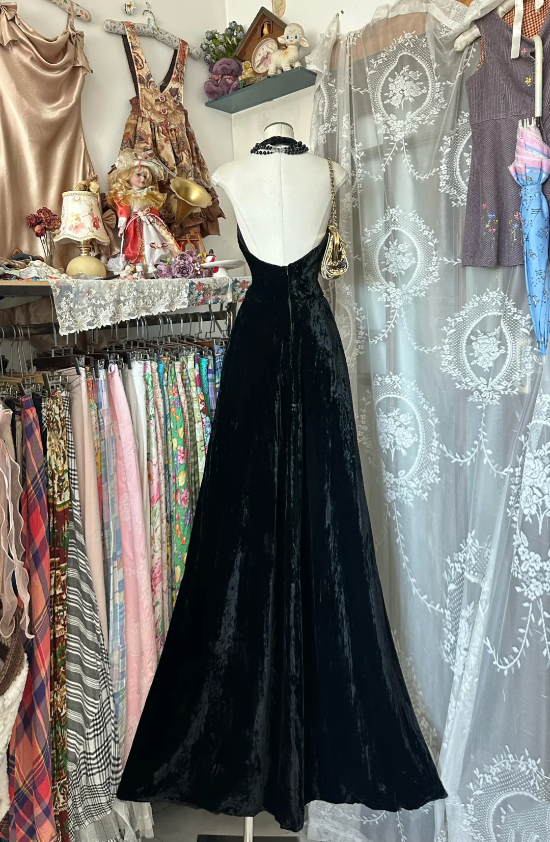 V Neck Black Velvet Evening Dress French Style Evening Dress  P331