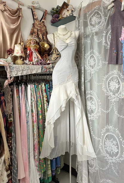 Spaghetti Strap Gray Prom Dress With Appliques Mermaid Chiffon Party Dress   P332