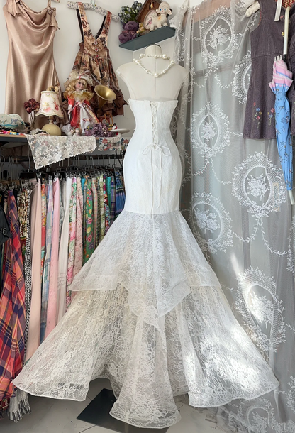 Sweetheart Mermaid Lace Wedding Dress Beaded Layered Evening Dress  P333