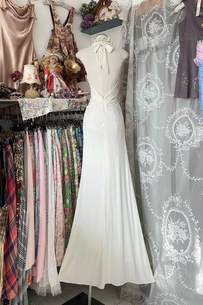 Halter Ivory Mermaid Evening Dress Chiffon Beading Prom Dress  P334