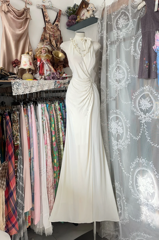 Halter Ivory Mermaid Evening Dress Chiffon Beading Prom Dress  P334